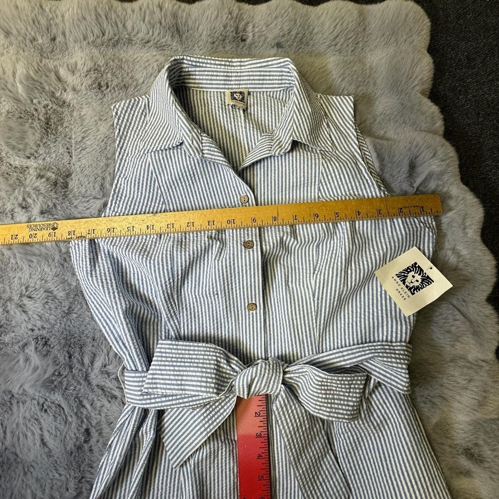 Anne Klein Shirt Dress Women Size 6 Navy White NWT Seersucker Tie Waist